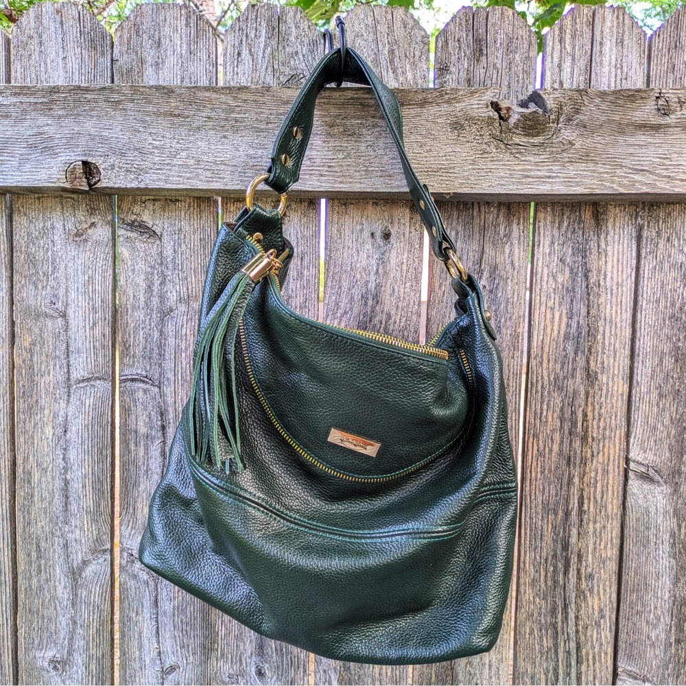 Onna Ehrlich Kelly Hobo Bag Green Leather Slouchy Tassel Shoulder Purse Boho Bag